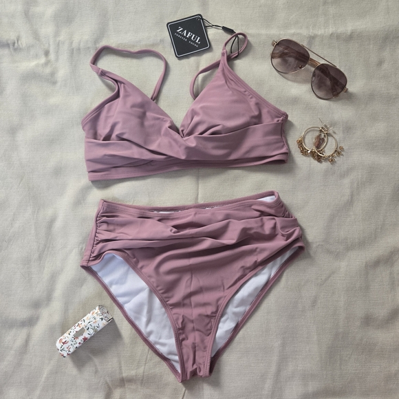 Zaful Other - NWT Dusty Rose High-Waist Bikini - Size S - Mauve Twist Front Bikini